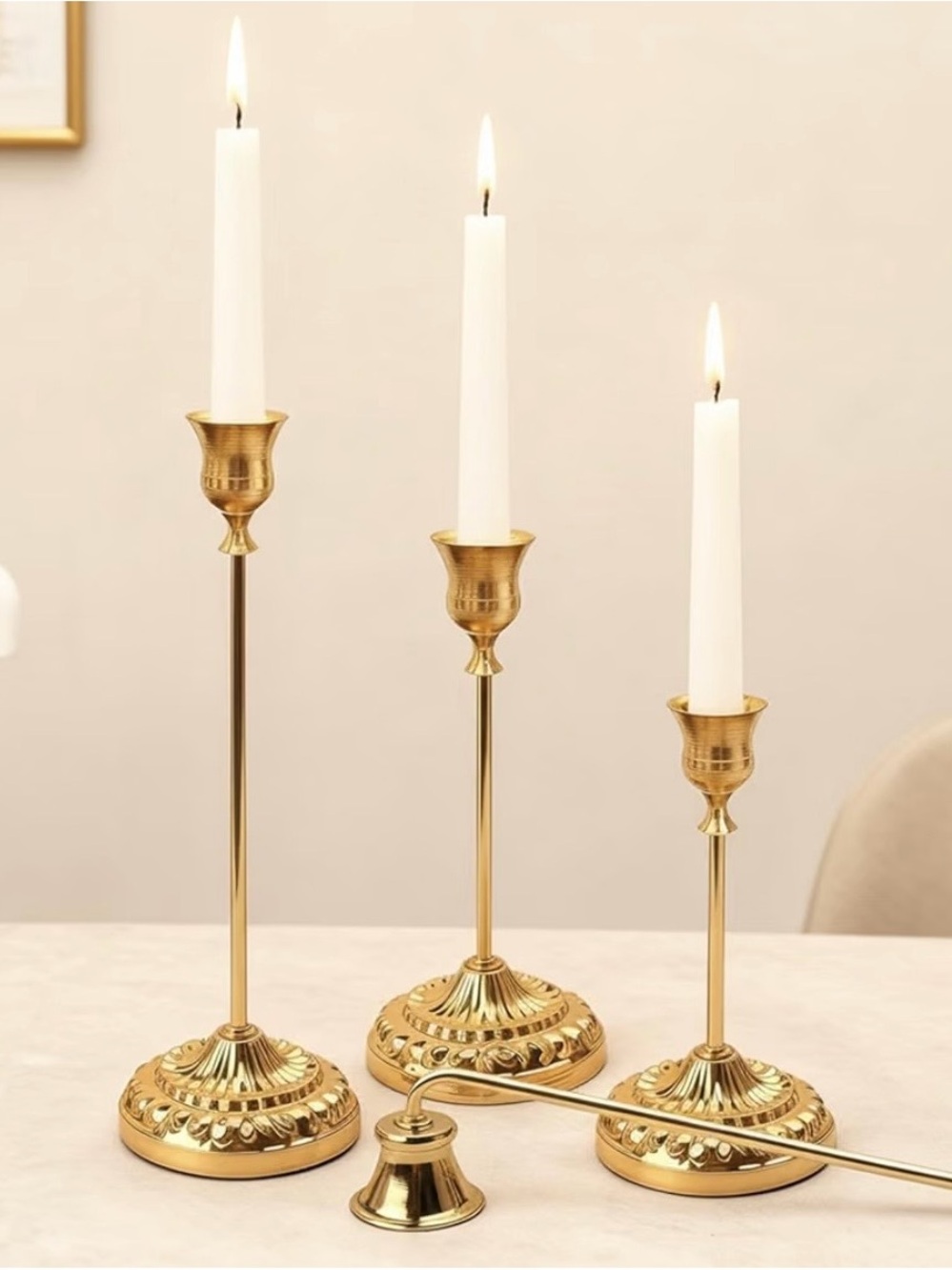 New! Elegant Gold Brass Taper Candle Holders - Set of 3